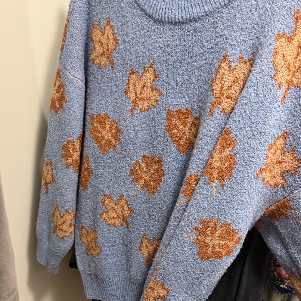 Maurices Blue Sweater with Orange Leaf Design